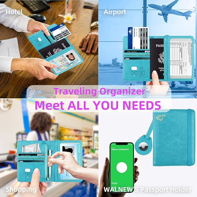 WALNEW AirTag Passport Holder, PU Leather Airtag Wallet RFID Blocking Passport Cover Travel Essentials Case for Women Men (Light Blue)