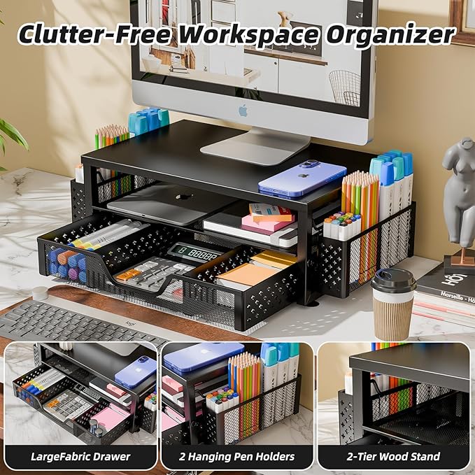 Simple Trending Desk Organizer and Accessories, 2-Tier Computer Monitor Stand Riser with Drawer and 2 Pen Holders for Office Supplies, Black