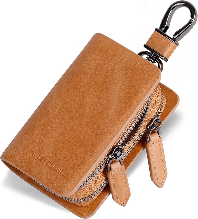 VISOUL Car Key Case Holder Double Zipper, Leather Car Smart Key Fob Case with Keychain for Men and Women
