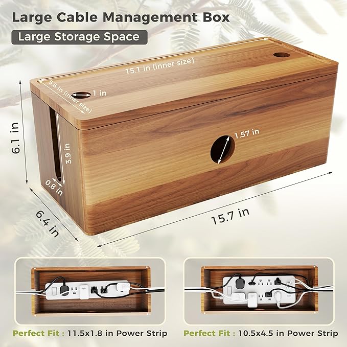 Acacia Wood Cable Management Box for Power Strip, Large Wooden Cord Hider & Cable Organizer for Desk, Floor & TV, Wire Concealer Box for Home Office Cable Storage and Management