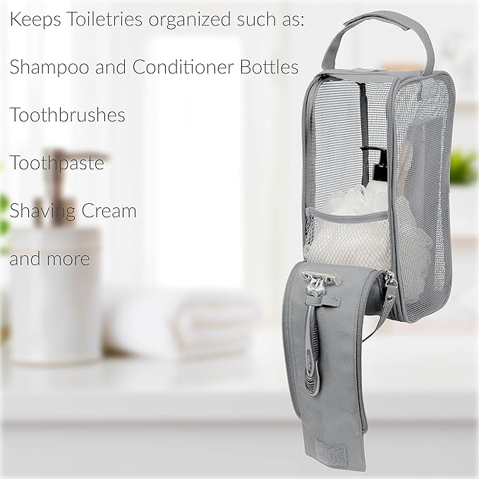 Simplify Hanging Mesh Toiletry Bag | Travel Organizer | Perfect for Dorm | Gym | Back to School | Shampoo | Shower Accessories | Grey