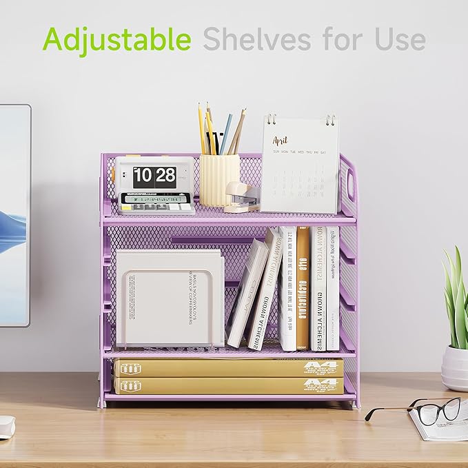 Cawukege 2 Pack 5 Tier Paper Organizer, Letter Tray with Handle, Mesh Desk Organizer, Metal File Organizer, Office Desk Accessories for Home, Office, Classroom, School -Purple