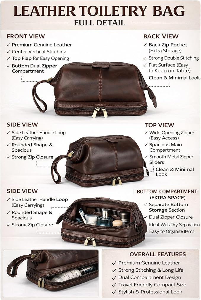 cuero Genuine Buffalo Leather Unisex Toiletry Bag Travel Leather Dopp Kit Made With High Class Buffalo Leather