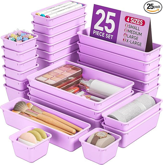 KEMETHY 25 PCS Plastic Drawer Organizers Set, 4 Sizes Vanity Organizer, Makeup and Desk Drawer Organizer Trays, Organization and Storage for Makeup, Bathroom, Kitchen Utensils and Office (Purple)