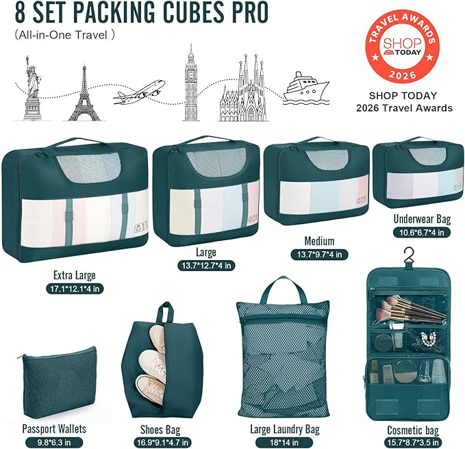 Veken 8 Set Packing Cubes for Travel Essentials, Suitcase Organizer Bags in 4 Sizes, Carry-On Luggage Accessories with Large Laundry & Hanging Toiletry Bag, Must-Have for Airplane, Road Trip & Camping