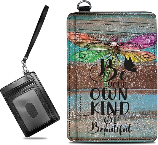 Small Travel Wallets, Dragonfly Glitter Wood Slim Minimalist Front Pocket Wallet with Wristlet, RFID Blocking PU Leather Credit Card Holder with ID Window Change Purse for Men Women