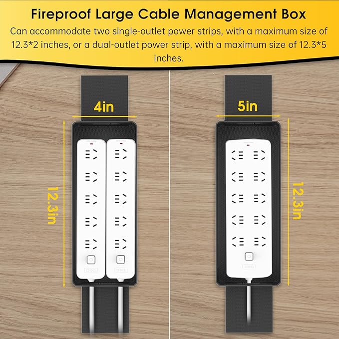 Tamfile Cable Management Box, Fireproof Foldable Cord Organizer and Cover, Heat Resistant Large Power Strip Organizer for TV Wires, Computer and USB Hub with Cable Clips & Reusable Cable Ties (Black)