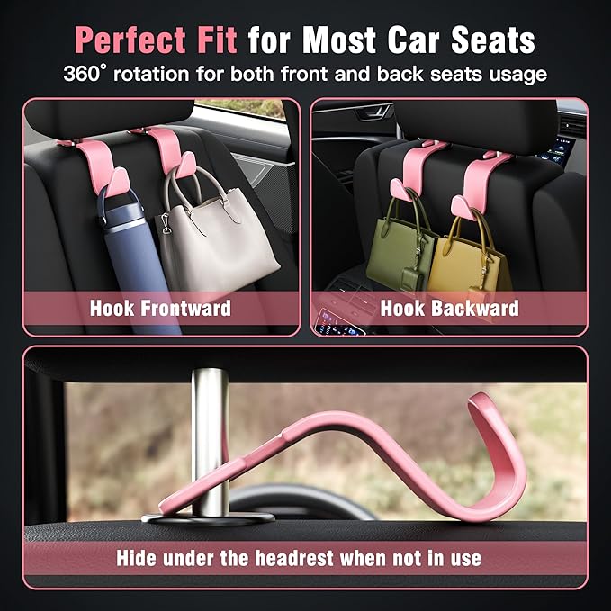 Amooca Universal Car Headrest Hooks, Car Organizer Hanger Storage Hooks for Bag Purse Cloth Grocery (Pink Set of 4)