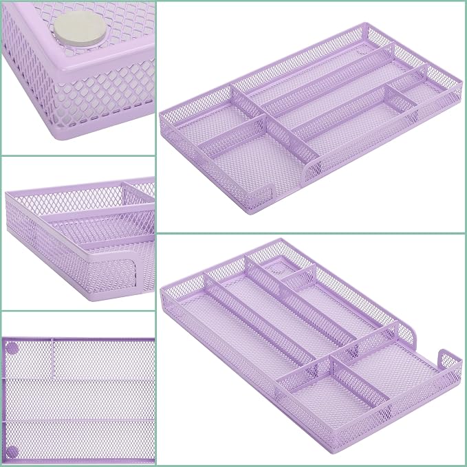 Annova Desk Drawer Organizer/Storage Tray - Metal Mesh with Dividers for Pens, Desktop Accessories, Bathroom, Kitchen, Makeup and Office Supplies (Small, Light Purple)