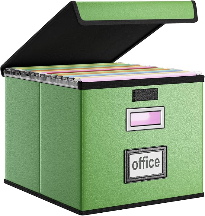 File Organizer Box with Lid, Collapsible Faux Leather Document Organizer, Hanging File Folder Box with Plastic Slide, Decorative Filing Boxes Cabinet for File and Folders Storage(Green)