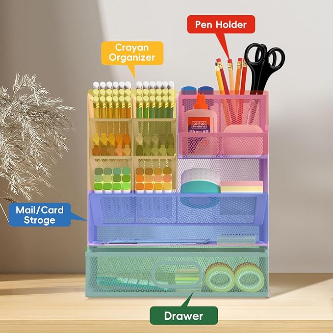 Mesh Pen Organizer for Desk - Multi-Functional Pencil Holder with Drawer Desk Organizers, Large Capacity Storage for School Office Home Supplies (Purple)