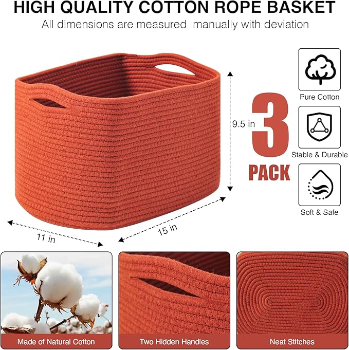 ICERZCZ Storage Baskets for Organizing, Storage Basket for Shelves, Toy Towel Basket for Bathroom Nursery, Woven Cotton Rope Baskets for Decor, 15"x11"x9.5", 3 Packs, Brick Red