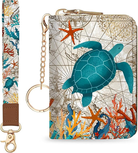 Blusabaca Credit Card Holder for Women, Sea Turtle Small RFID Blocking Wallet with Wristlet Strap, Keychain Zipper Women Wallet, Leather Card Case, Wallet Purse with Key Lanyard
