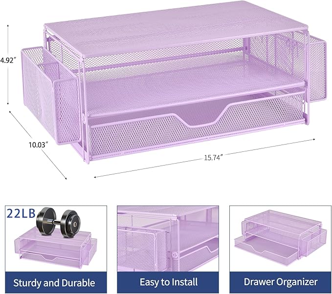 AUPSEN Computer Monitor Stands Riserï¼?-Tier Desk Organizers and Accessories, Office Desk Accessories Organizer with Drawers and 2 Pen Holder for Office Supplies (Purple)