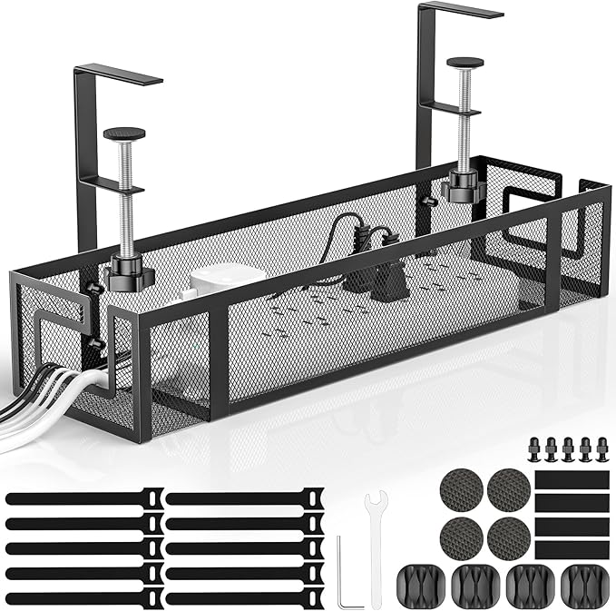 Under Desk Cable Management Tray, GZOKMOG 15.75" No Drill Cable Management Under Desk, Heavy Duty Metal Cord Organizer, Home Office Wire Management for Standing/Gaming Desk, 1 Pack Black
