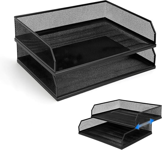 Paper Tray Desk Organizer, 2 Pack Stackable Letter File Tray, Wire Mesh Desktop Organizer, Front-Load Metal A4 Paper Sorter Documents Storage Holder Tray for Office Supplies Home School Classroom
