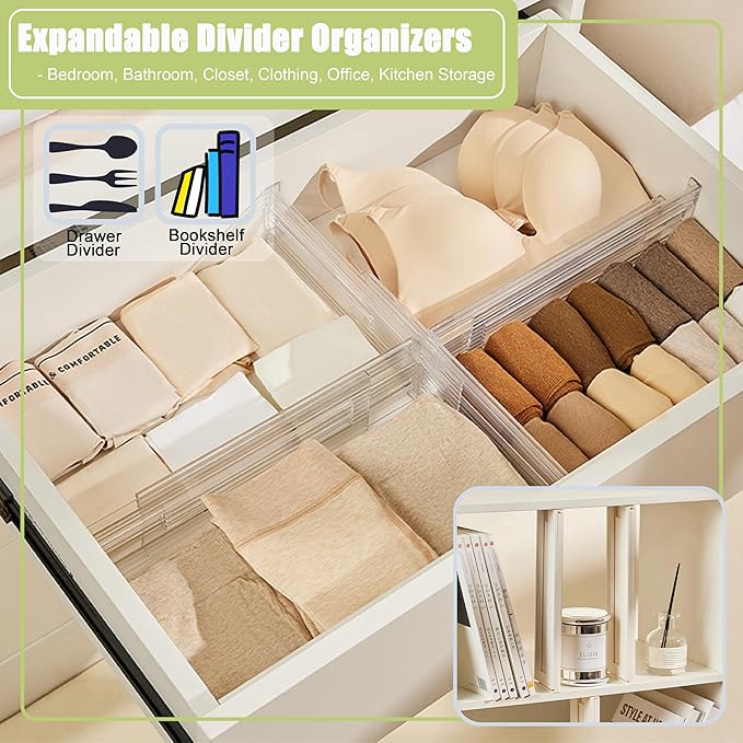 8 Pack Clear Drawer Dividers - 3.1'' Height, 11-19'' Adjustable Drawer Separators, Expandable Dresser Organizers in Bedroom, Bathroom, Closet, Clothing, Office, Kitchen Storage