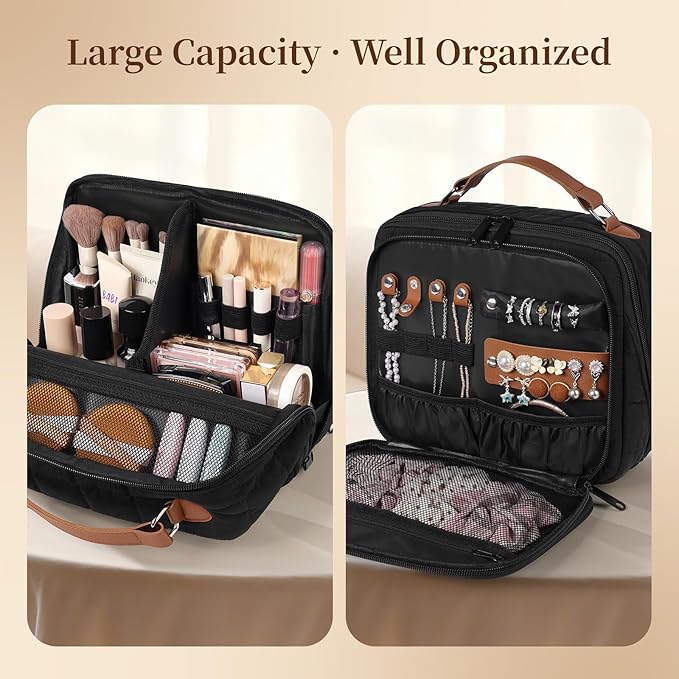 MOKURA Quilted Makeup Bag, Travel Large Capacity Cosmetic Bag with Jewelry Organizer, Standing Portable Make up Pouch, Waterproof Toiletry Case, Gifts for Women, Black