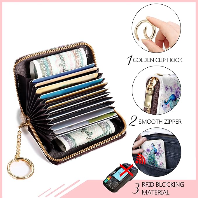 Blusabaca Credit Card Holder for Women, Peacock Small RFID Wallet with Zipper, Card Keychain Wallet, Leather Wallet Card Case, Business RFID Blocking Accordion Purse Wallet Gift