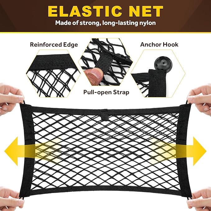 BUMBEE Mesh Cargo Net, Envelope Netting, Elastic Pocket Pouch Bungee Organizer for Car Seat Back RV Wall Trunk, Hooks & Screws Included(17.7'' x 9.8'')