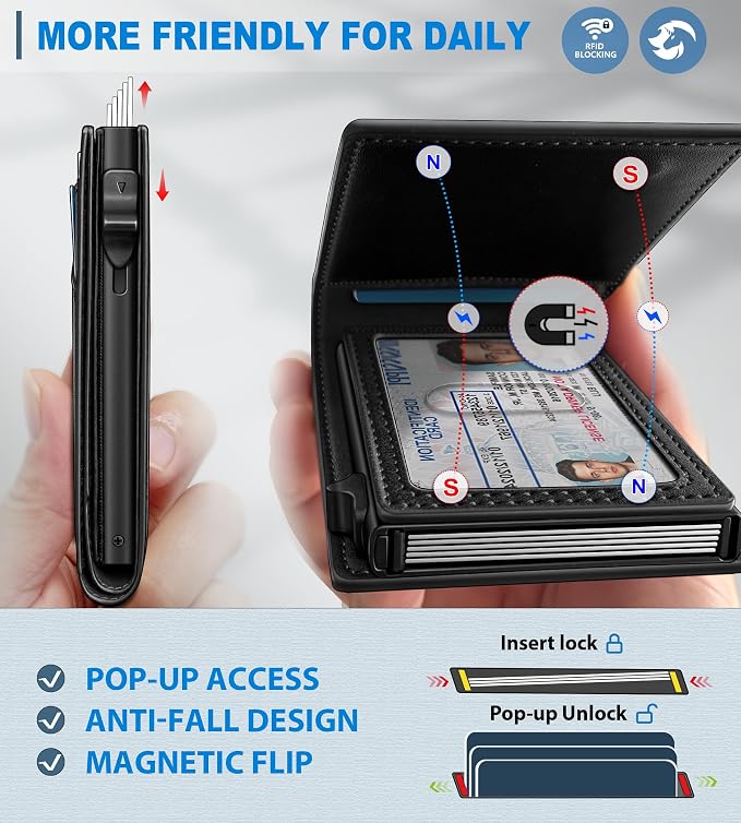 Wallet for Men, Slim Pop Up Card Holder with RFID Blocking, Minimalist Bifold Wallet with 9 Card Slots, ID Window and Cash Pocket, Metal Flip Case with Magnetic Closure, Gift Box