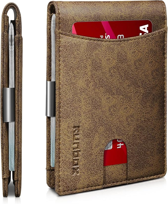 RUNBOX Slim Money Clip Wallets for Men RFID Blocking 11 Card Holder Minimalist Small Leather Bifold Men's Front Pocket Wallet Gift Box