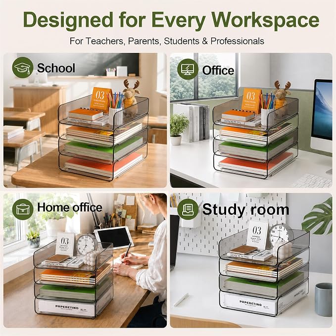 FANXIYQ 4-Tier Acrylic Paper Tray Organizer, Clear & Brown Stackable Desk Organizer for Documents, Files, A4 Paper, Mail, Books & Office Supplies, Office Classroom Home