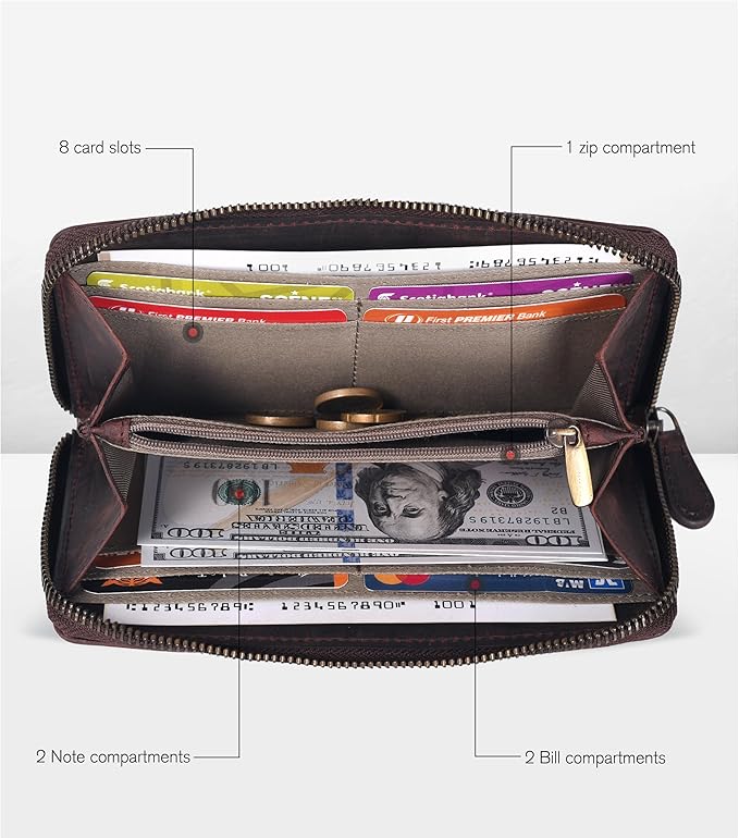 Oak Leathers Brown Leather Wallet for Women - RFID Womens Wallet Clutch with 8 Credit Card Holder, Coin Pocket