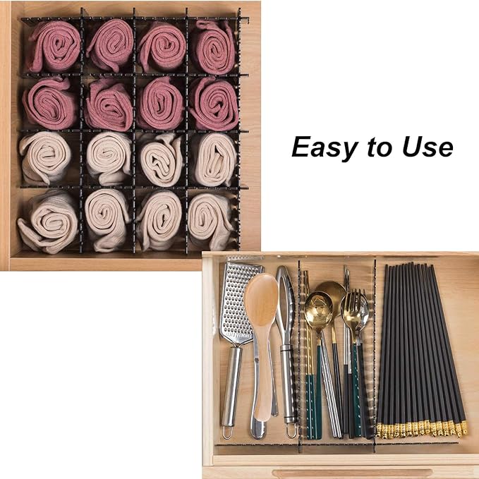 Onerbuy 8pcs Adjustable Grid Drawer Dividers DIY Plastic Closet Separator Tidy Organizer Container for Underwear Socks Belt Office Supplies (Black)