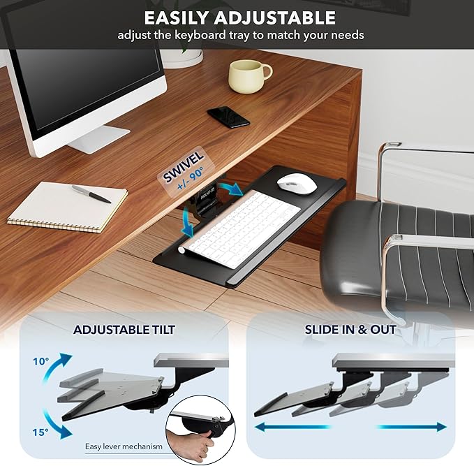 Mount-It! Under Desk Keyboard Tray, Adjustable Slide-Out Keyboard & Mouse Platform, 26.38" W × 10" D, Ergonomic Wrist Rest, Height Tilt & Swivel, Heavy-Duty Bolt-On Keyboard Drawer for Home Office
