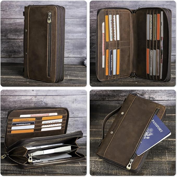 Top Grain Genuine Leather Clutch Wallet Bag with Hand Strap for Man & Woman, Handmade Minimalist Vintage Design, 2 Zip Pockets & Multi Slots, RFID Large Capacity for Cards/Phone/Check/Banknote, Coffee