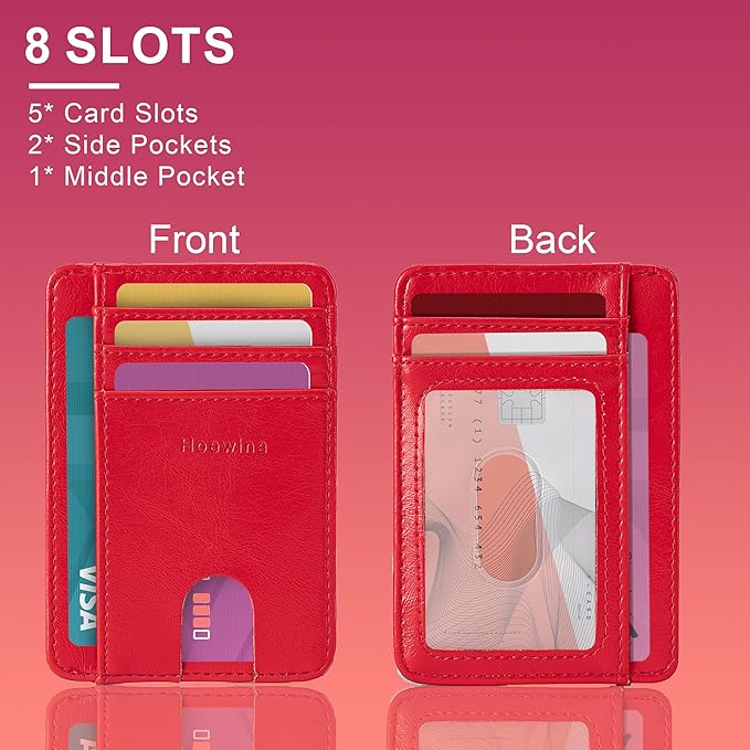 Hoewina Slim Wallet for Men, Credit Card Holder Wallet, Minimalist Design - RFID Blocking Front Pocket Leather Thin Wallet for Men and Women（Cherry Red）