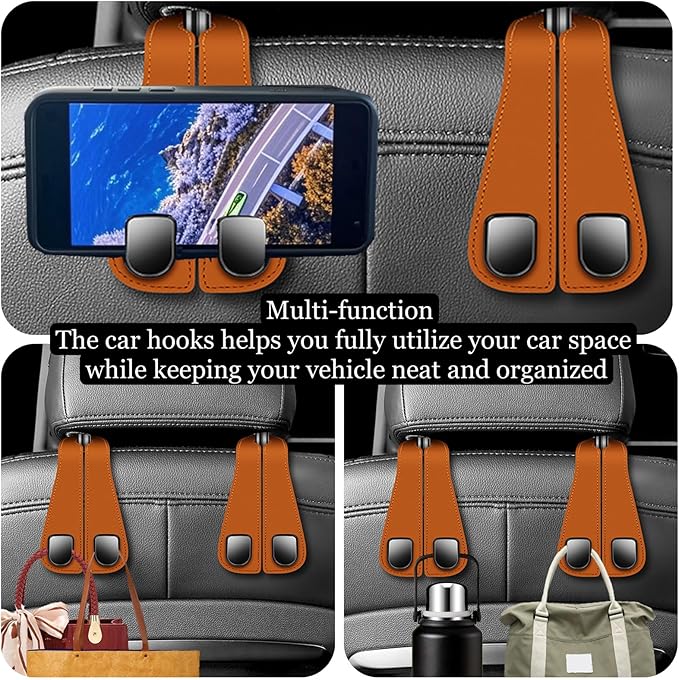 CHOSMOYI 2 Packs Car Seat Hooks, Leather Car Headrest Hook, Car Purse Hook Seat Back Hanger Storage Organizer, Car Hook for Purses and Bags(Coral Orange)
