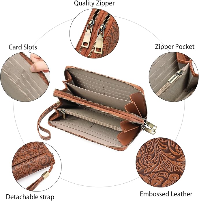 GOIACII Women's Wallet Wristlet Ladies Phone Purse RFID Blocking Large Card Holder Double Zip Grip Strap Vegan Leather
