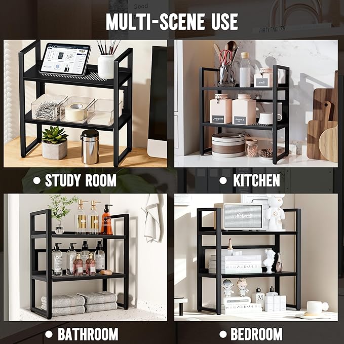 Brakki Desk Shelf Organizer, Adjustable 2 Tier Metal Desktop Shelves, Desktop Bookshelf Organization with Foot Mat, Multi-Functional Small Storage Rack for Office Dorm Home, Black