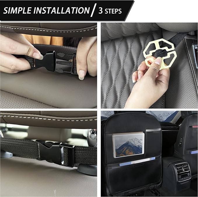 Kick Mat Back Seat Protector， Waterproof Leather Car Seat Back Organizers Cover with 3 Storage Pockets for Kids Pets SUV Sedan Minivan Truck Car Travel Accessories (Black 2-pack)