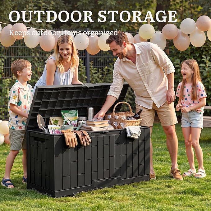 YITAHOME 60 Gallon Outdoor Storage Box, Waterproof Resin Deck Box with Slide-Locking Lid, Patio Storage Bin and Bench Seat for Patio Furniture, Garden Tools and Pool Accessories, Black