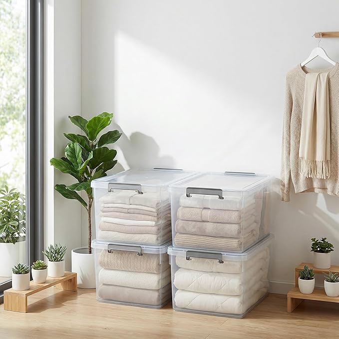 Citylife 48 QT 6 Packs Plastic Storage Bins with Lids and Secure Latching Buckles Clear Stackable Storage Containers for Organizing Durable Storage Box