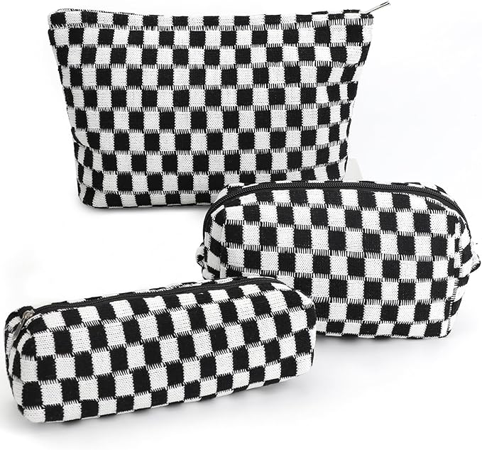 3 Pcs Makeup Bag Cosmetic Bag Set for Girls Women Checkered Travel Organizer Bathroom Toiletry Pouch Large Capacity Storage Bag (Black-White)