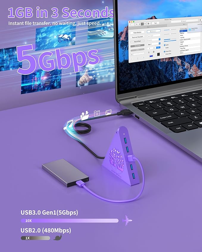 7-Port USB 3.0 Hub, Deep Purple Vertical USB Expander with Tree RGB Lighting, 5Gbps Data Transfer, 2FT Cable, Compatible with Laptop, Desktop, PS5, Xbox, Printer, Flash Drive, HDD