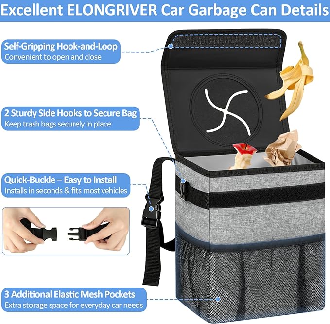 ELONGRIVER Car Trash Can Bin for Back Seat Leak Proof, Cute Car Trash Bag Hanging, Vehicle Trash Can for SUV Truck Van, Automotive Garbage Cans Front Seat Grey