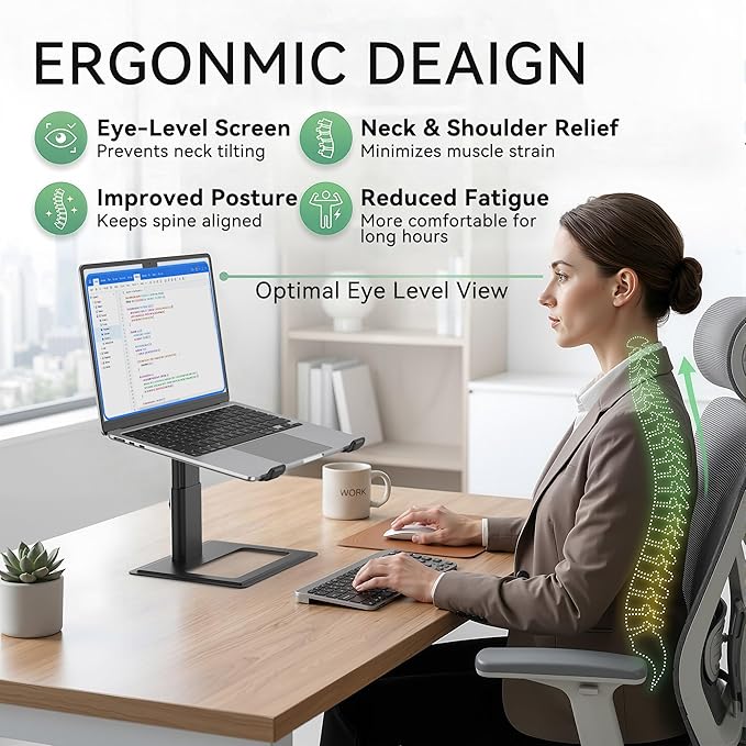 SOUNDANCE Adjustable Laptop Stand, Ergonomic Aluminum Riser for 10-17.3” Notebooks, Ventilated Metal Holder with Height Alignment for Desk Workspace, Black