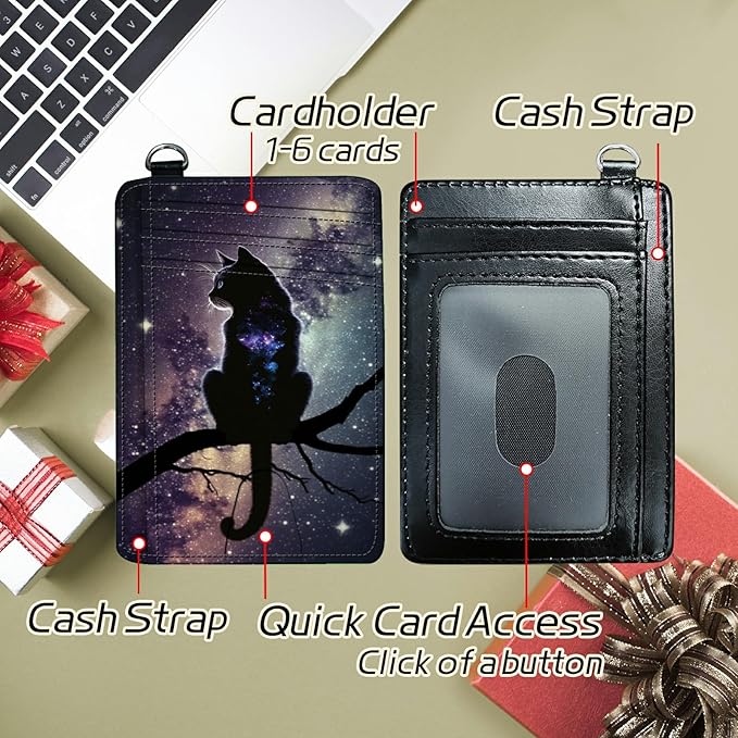 Small Travel Wallets, Cat Nebula Slim Minimalist Front Pocket Wallet with Wristlet, RFID Blocking PU Leather Credit Card Holder with ID Window Change Purse for Men Women