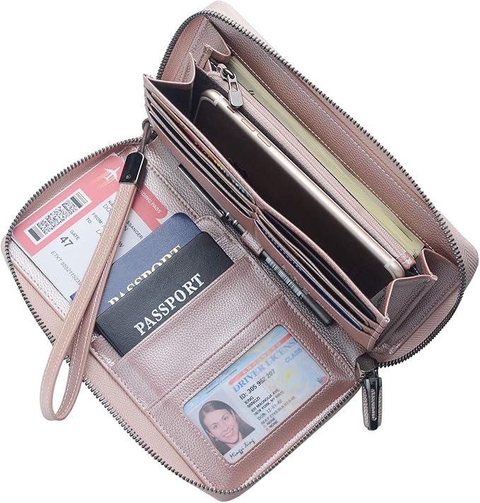 Travel Document Organizer RFID Blocking Leather Multiple Passport Wallet Family Holder Id Wrist Strap(Rose Gold)