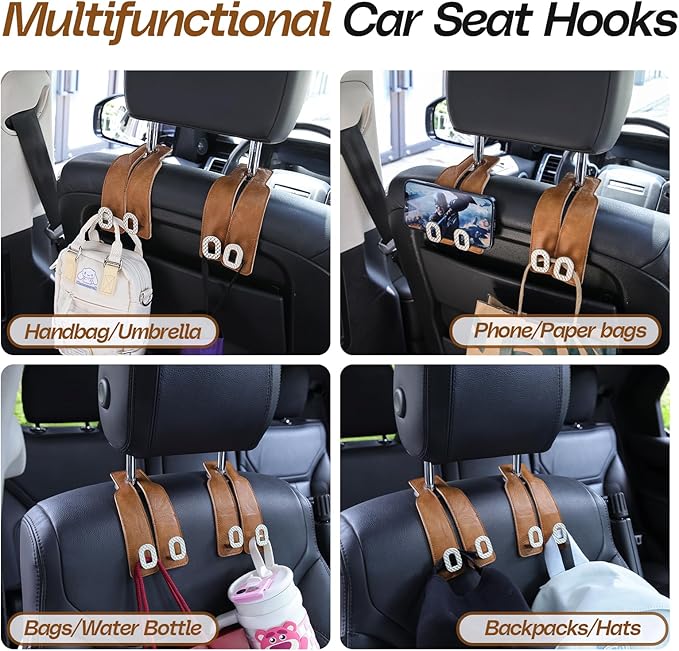 Car Headrest Hooks Universal Car Purse Hook Premium Leather and Alloy Twin Hook Car Seat Back Storage Hanger Hook for Purse Bags Cloth Drink Durable Holder Car Accessories (BH09-Brown-Silver)