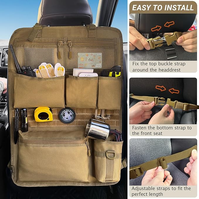 Tactical Car Seat Organizer with Multiple Pockets, MOLLE Panel System & Mesh Compartments, Durable Nylon Universal Vehicle Seat Back Storage with Cup Holder, Water-Resistant (Mud)