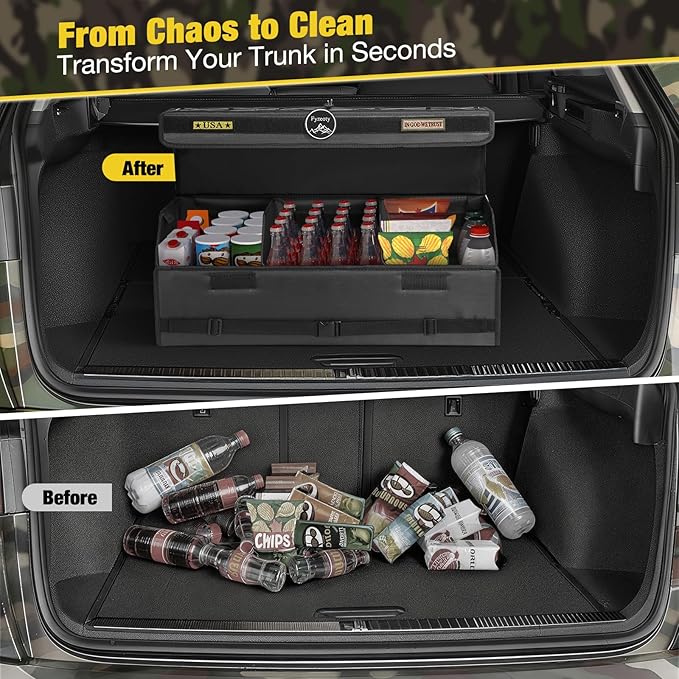 Fyzeoty Car Organizers and Storage - Trunk Organizer for Suv Car, Car Trunk Oxford Cloth Storage Box, Extra Large, Tactical Style Lid, Collapsible and Adjustable Tactical-Black