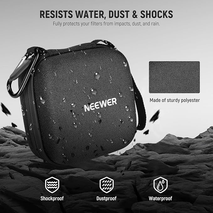 Neewer Storage Bag for 9 x 9 cm Filter, Shockproof Dustproof Waterproof Carrying Bag with Expandable Dividers, Wrist Strap and Carabiner for 3 Circular Filters 62 mm, PB11
