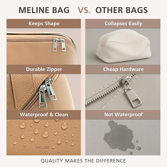 MELINE Travel Makeup Bag – Large Capacity Cosmetic and Toiletry Organizer with Divider and Handle, Waterproof Flat-Open Design, Portable Pouch for Women (Taupe)