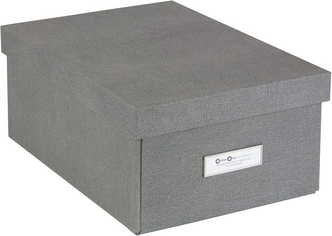 Bigso Karin KD Collapsible Storage Box with Labelframe for Easy Identification - Simple Assembly without Tools - Decorative Storage Boxes with Lids - 8.9in x 12.4in x 5.4in - Light Gray